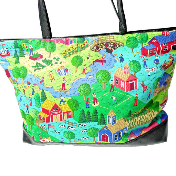 Handmade Americana Country Village Scene Picnic Tote Bag Purse Folk Art USA Town - Picture 1 of 9